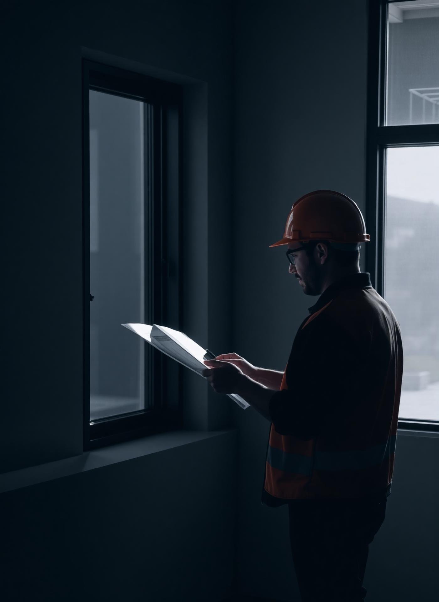 Builder reviewing blueprints in a modern interior