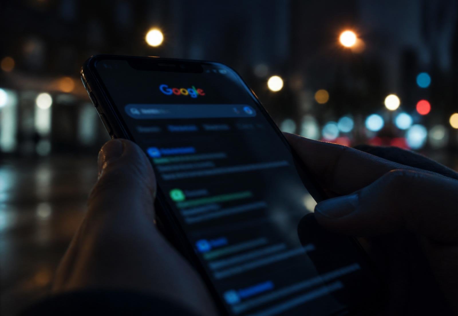 A hand holding a phone showing search results on a night street