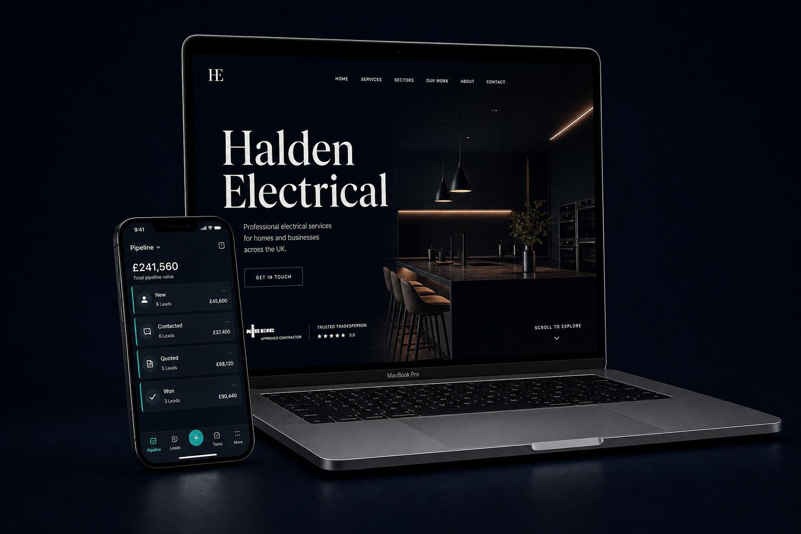 A TradeForm-built trades website on a laptop, with the TradeForm Portal open on a phone