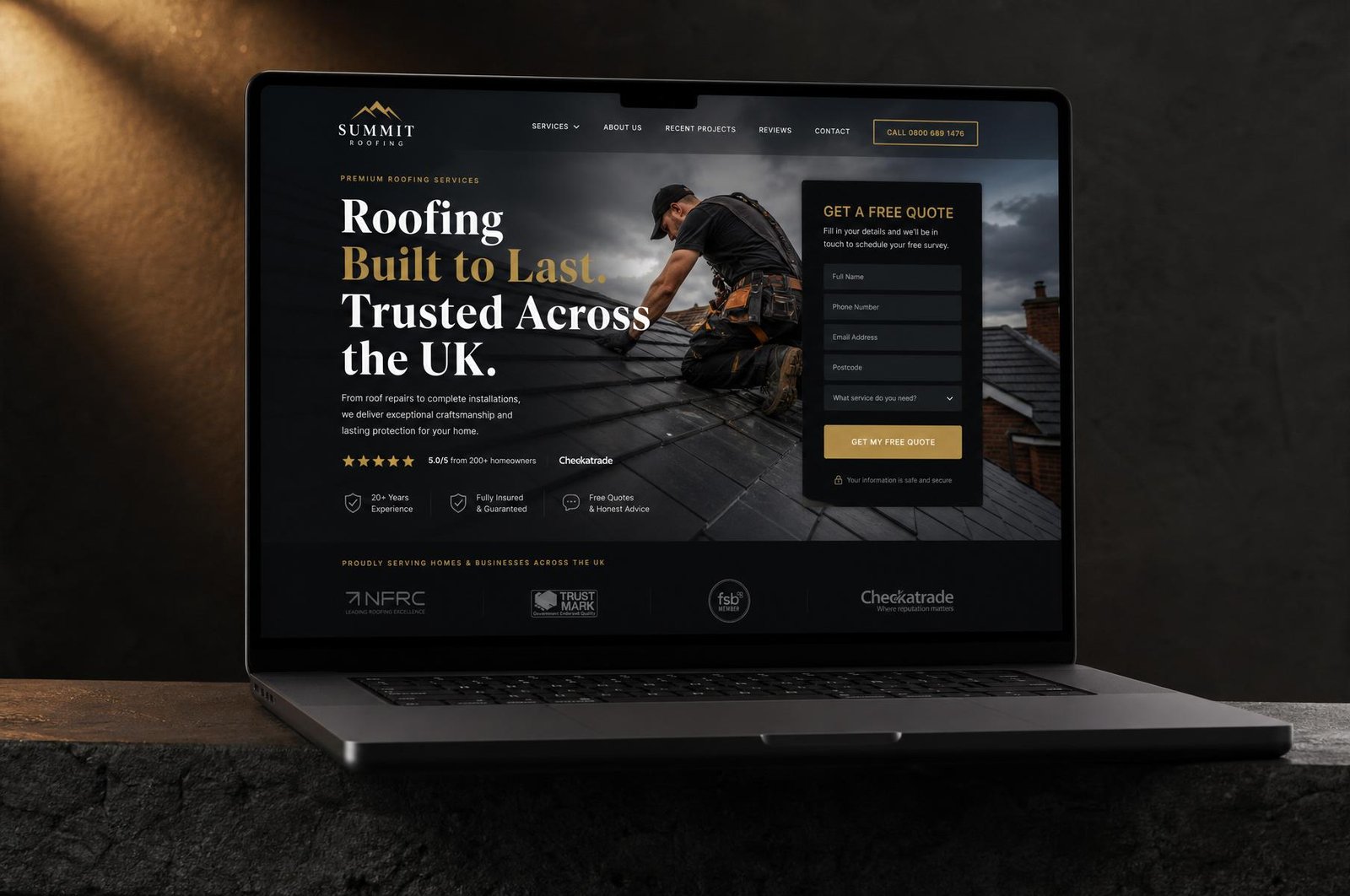 A conversion-focused landing page shown on a laptop