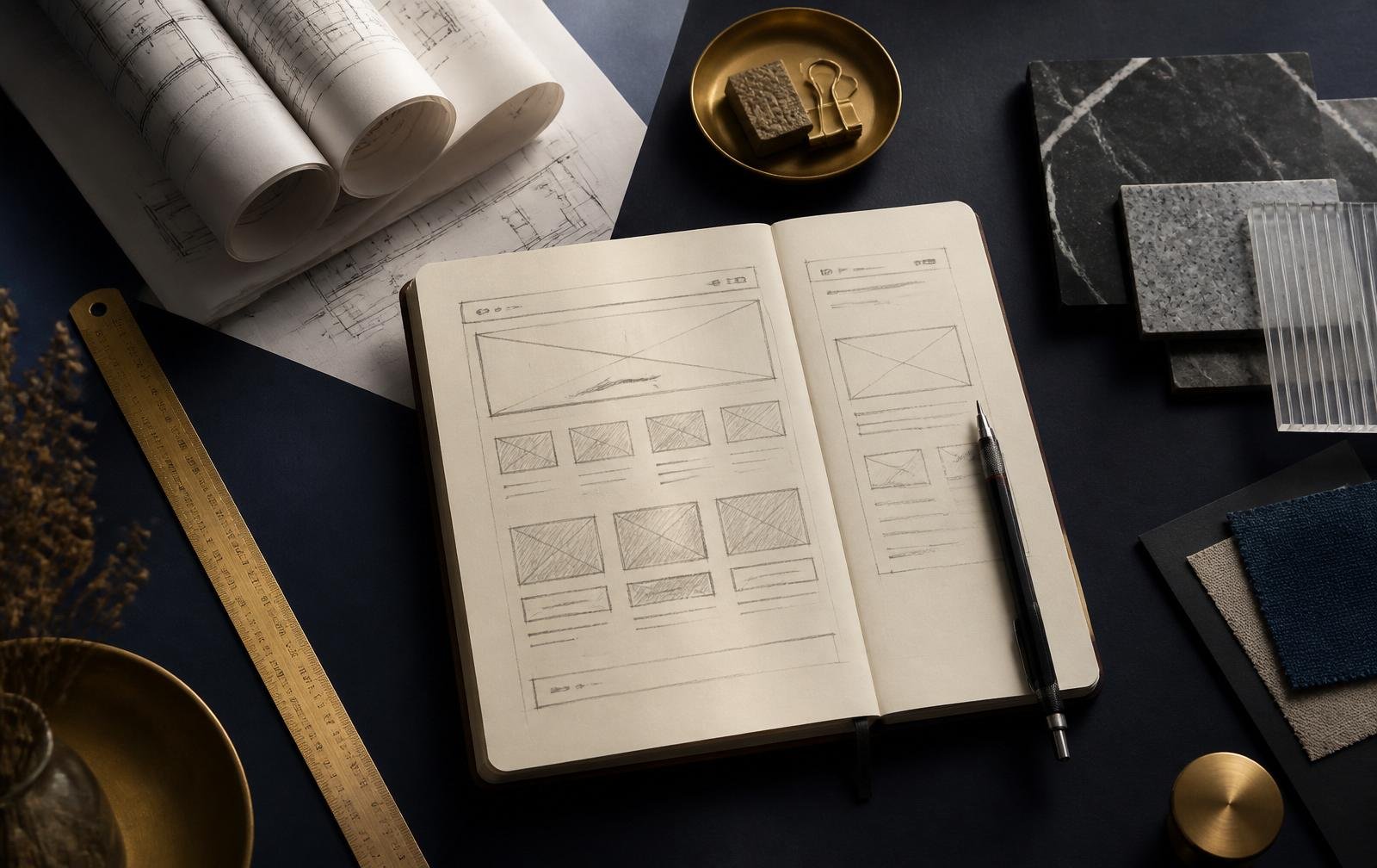 Architect's desk with website wireframes and material samples